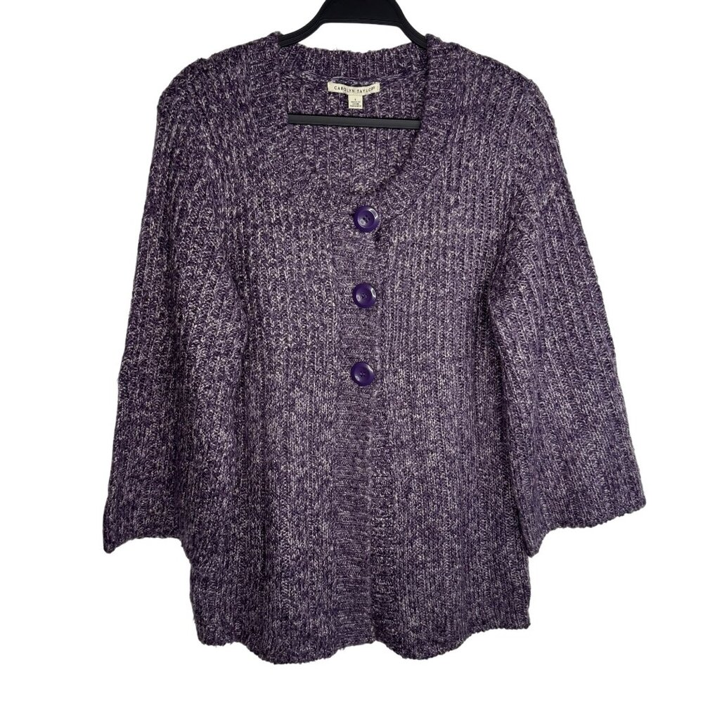 Carolyn Taylor Purple Knit Cardigan Women's Large 3/4 Wide Sleeve Button Front‎